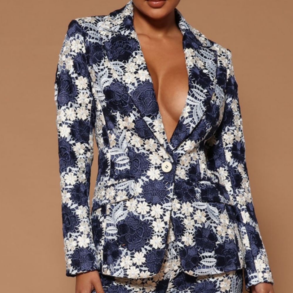 Lace overlay Denim blue fitted blazer (L) - Picture 10 of 10